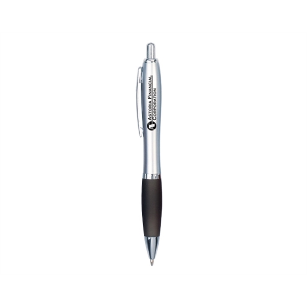 Plastic click-action curved pen with silver barrel, chrome accents and grip... from ASI 30442 Above & Beyond Advertising Products / PromoAdLine