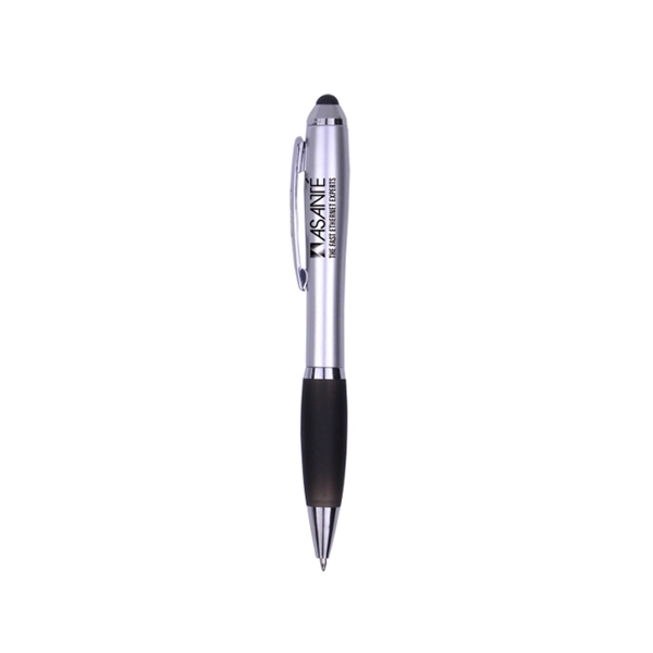 Plastic twist-action pen with stylus, silver barrel, shiny accent trim and... from ASI 30442 Above & Beyond Advertising Products / PromoAdLine