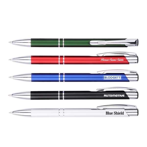 Shiny aluminum pen with click-action mechanism, colorful barrel and chrome accents.... from ASI 30442 Above & Beyond Advertising Products / PromoAdLine