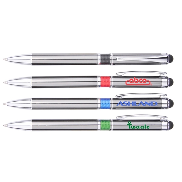 Click action metal pen with stylus and decorative colorful middle ring.... from ASI 30442 Above & Beyond Advertising Products / PromoAdLine