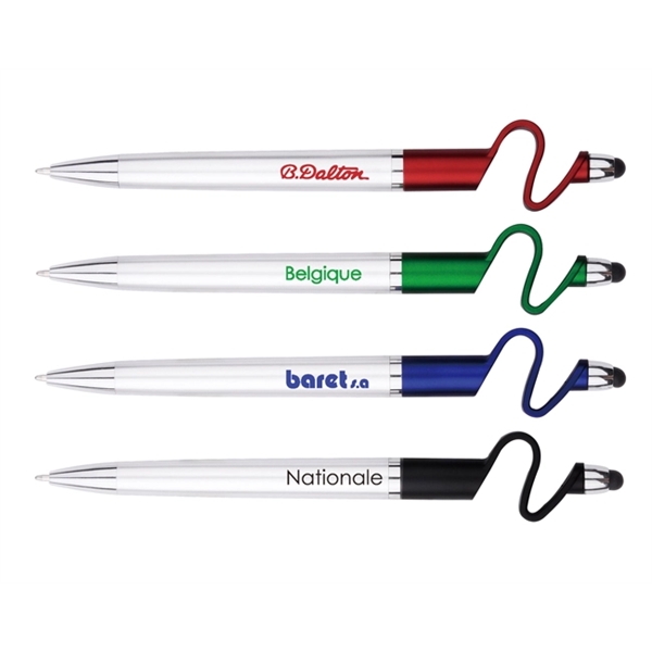 Twist action pen with plastic silver barrel, phone holder and stylus... from ASI 30442 Above & Beyond Advertising Products / PromoAdLine