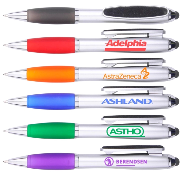 Twist action pen with stylus, silver barrel, colored grip and a... from ASI 30442 Above & Beyond Advertising Products / PromoAdLine