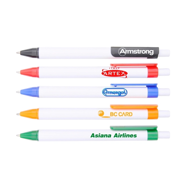 Plastic ballpoint pen with cardholder clip, white barrel and colorful tip... from ASI 30442 Above & Beyond Advertising Products / PromoAdLine
