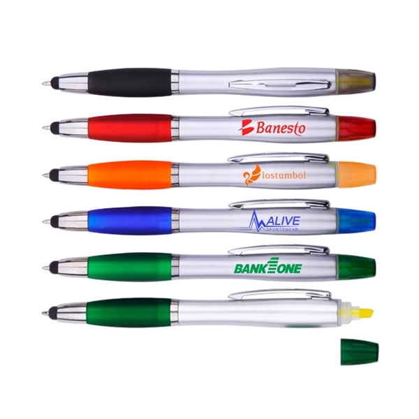 3-in-1 plastic silver ballpoint pen with stylus, yellow highlighter and colorful... from ASI 30442 Above & Beyond Advertising Products / PromoAdLine