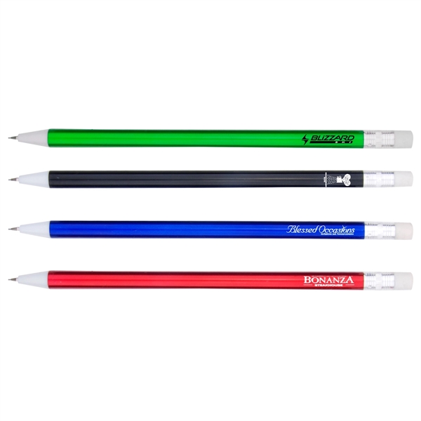 Round plastic mechanical pencil with colored barrel and solid white tip.... from ASI 30442 Above & Beyond Advertising Products / PromoAdLine