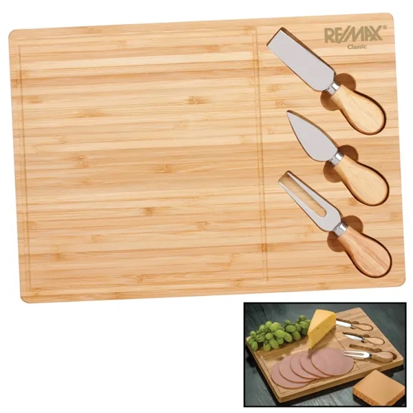 Bamboo cheese board 3-piece knife set plus laser engraved on 1... from ASI 37218 Athena Promo (tm)
