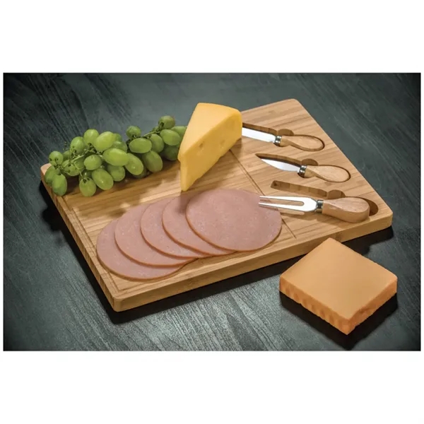 Bamboo cheese board 3-piece knife set plus laser engraved on 1... from ASI 37218 Athena Promo (tm)