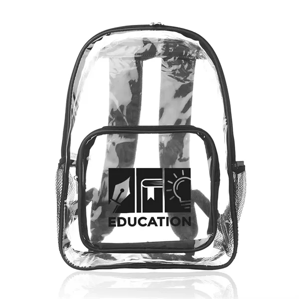 Clear plastic backpack with spacious main compartment, side mesh pockets, and... from ASI 39552 BEL Promo