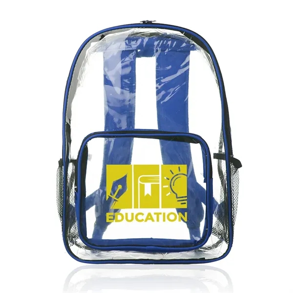 Clear plastic backpack with spacious main compartment, side mesh pockets, and... from ASI 39552 BEL Promo