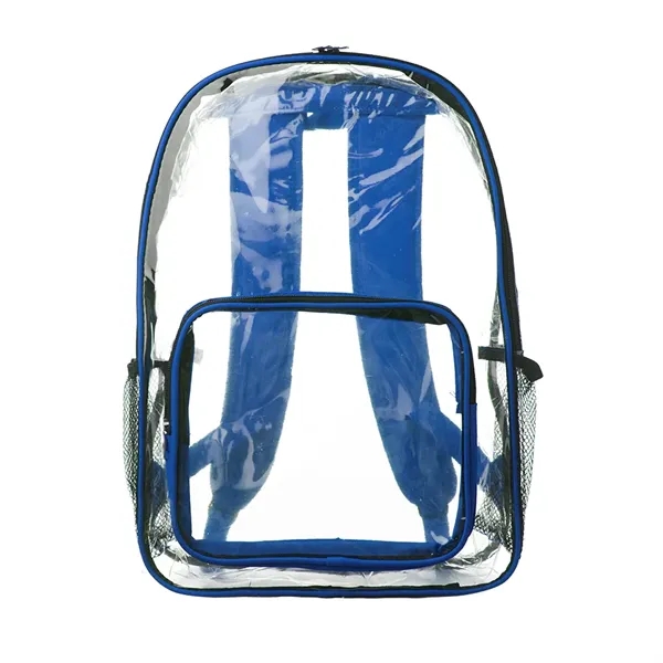 Clear plastic backpack with spacious main compartment, side mesh pockets, and... from ASI 39552 BEL Promo
