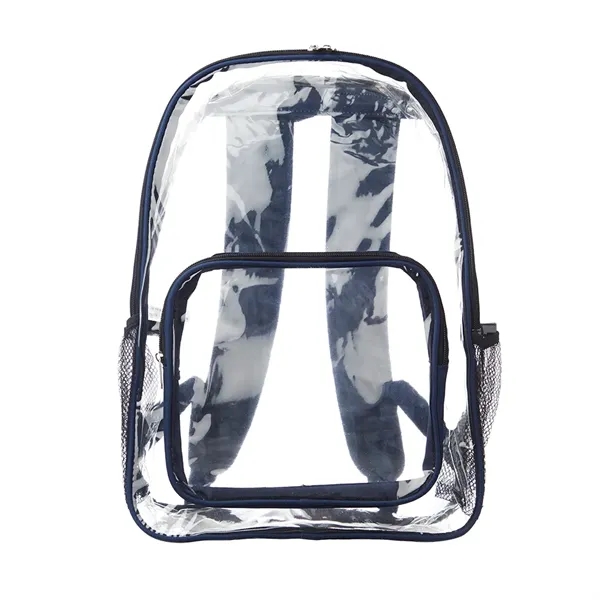 Clear plastic backpack with spacious main compartment, side mesh pockets, and... from ASI 39552 BEL Promo