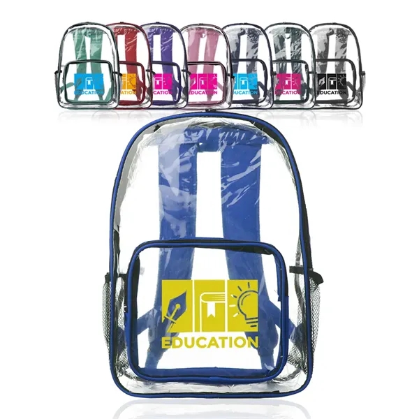 Clear plastic backpack with spacious main compartment, side mesh pockets, and... from ASI 39552 BEL Promo