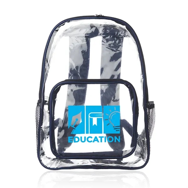 Clear plastic backpack with spacious main compartment, side mesh pockets, and... from ASI 39552 BEL Promo