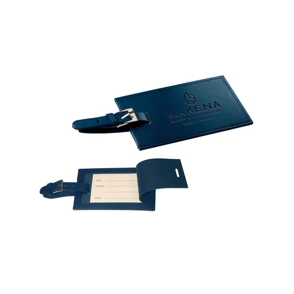 Rectangular luggage tag with leather flap and silver-tone zinc alloy buckle.... from ASI 79530 Prime Line