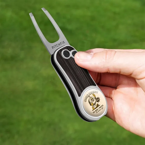 A sleek multi-function golf tool with switchblade divot tool, club rest,... from ASI 61966 HPG / BCG Creations HPG Gold