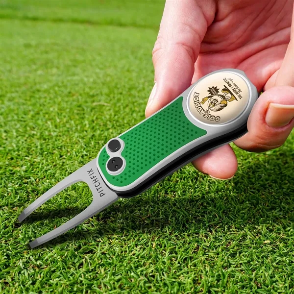 A sleek multi-function golf tool with switchblade divot tool, club rest,... from ASI 61966 HPG / BCG Creations HPG Gold