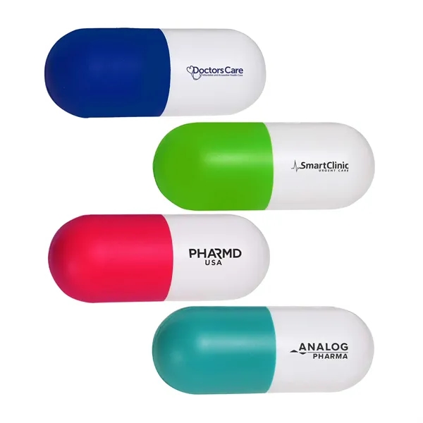 Pill capsule shaped stress reliever made of PU foam.... from ASI 63549 Jornik Manufacturing Corp