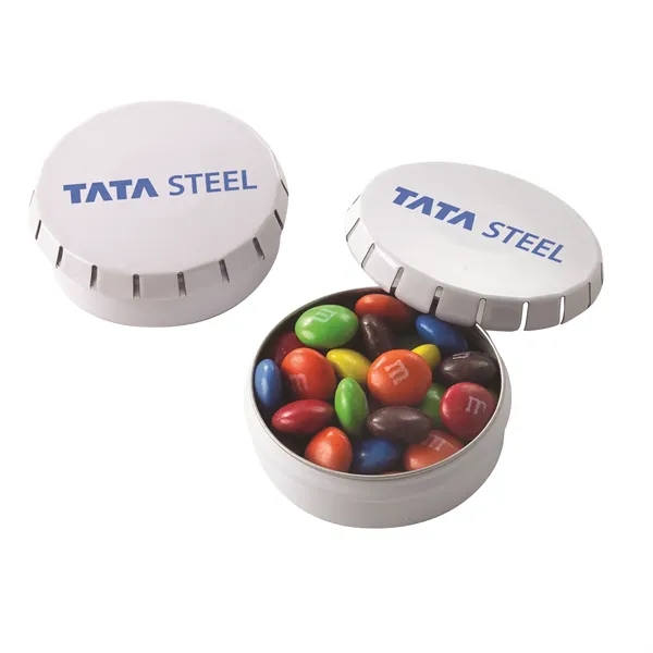 Small, round push-top tin filled with assorted chocolates... from ASI 71685 Midnite Snax®