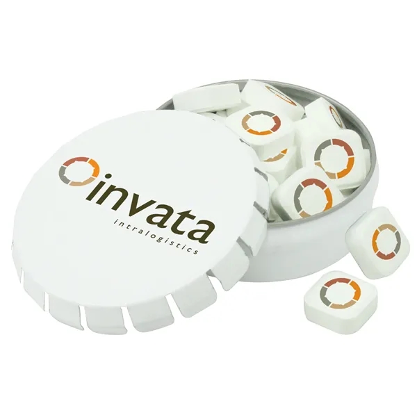 Small, round push-top tin filled with imprinted sugar-free peppermints.... from ASI 71685 Midnite Snax®