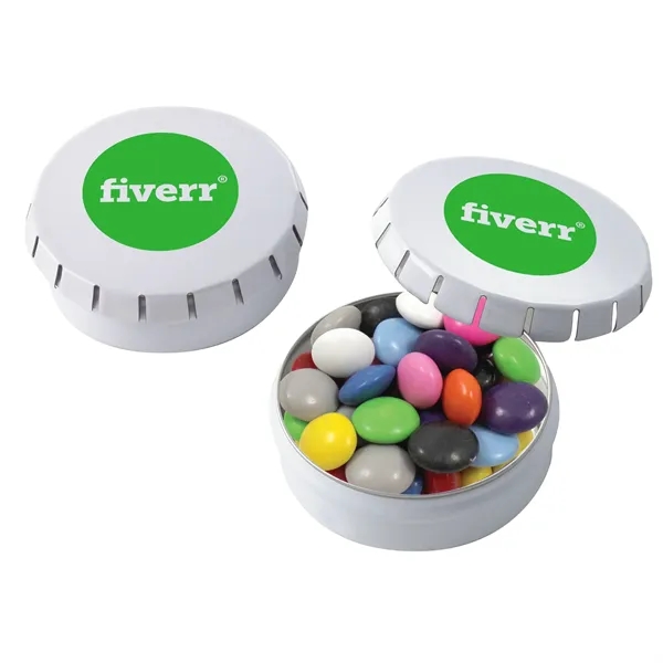 Small, round push-top tin filled with chocolate buttons.... from ASI 71685 Midnite Snax®