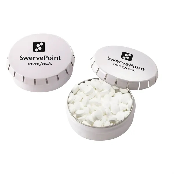 Customizable push top tin filled with 0.7 oz. of sugar-free peppermints.... from ASI 71685 Midnite Snax®