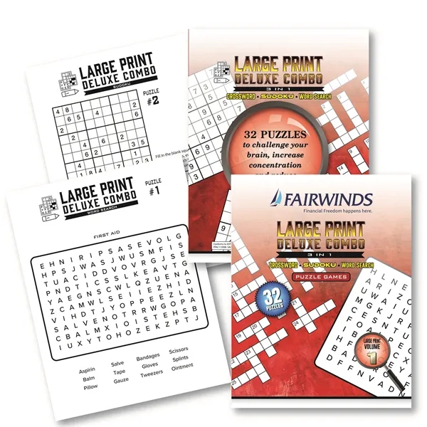 This 32 page 3-1 Deluxe Combo Puzzle Book is USA printed... from ASI 56080 Playing Cards On Demand