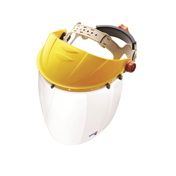 Yellow frame, clear face shield, Venom headgear. Printed on lower lens... from ASI 79951 Promosafe