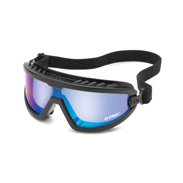 Black frame, blue mirror lens, Wheelz goggles. Printed on lower lens... from ASI 79951 Promosafe