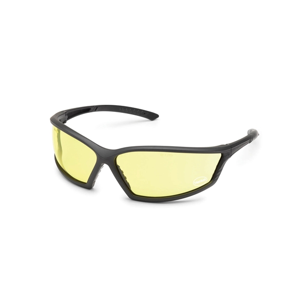 Black frame, amber lens, 4X4 safety glass. Printed on lower lens... from ASI 79951 Promosafe