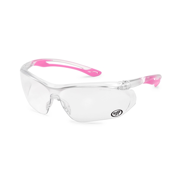 Pink frame, clear lens, Paralax safety glass. Printed on lower lens... from ASI 79951 Promosafe