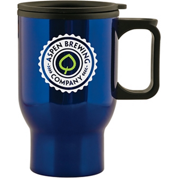 15 ounce stainless steel insulated mug with plastic liner, thumb-slide lid... from ASI 57653 Gold Bond