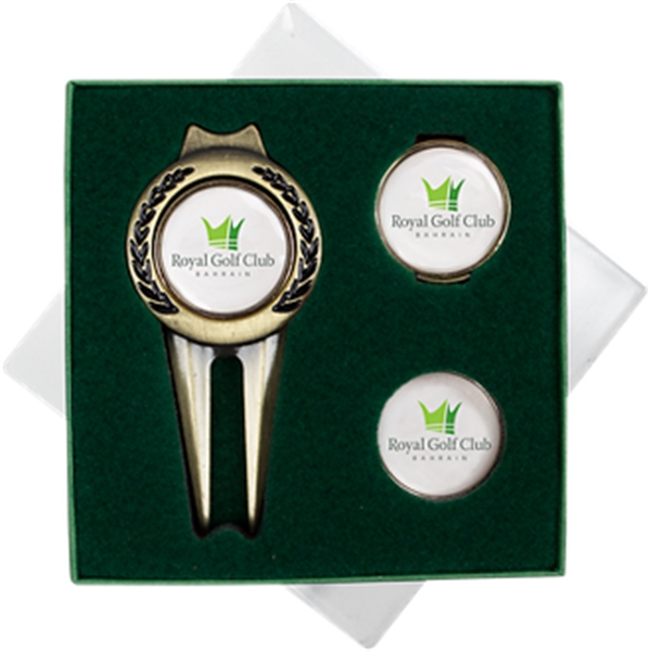 Gift set with a divot, magnetic ball marker, and hat clip.... from ASI 57653 Gold Bond