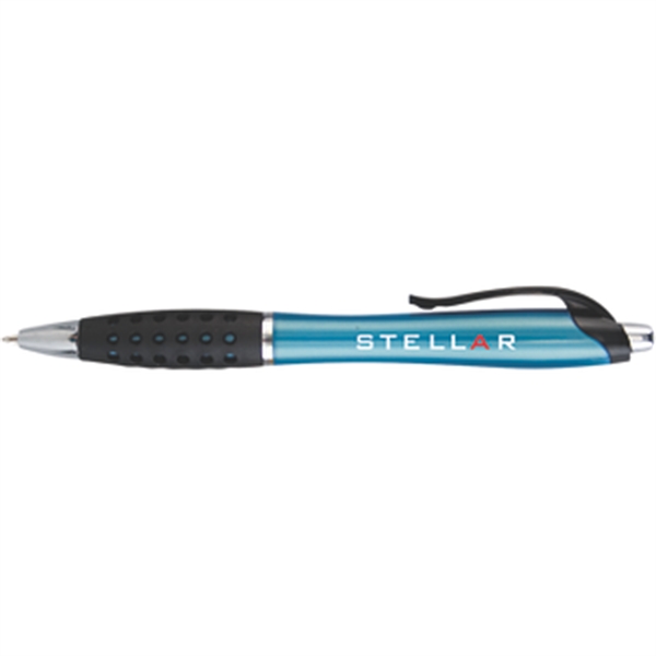 Plunger-action pen with curved pocket clip, dimpled black rubber grip section,... from ASI 57653 Gold Bond