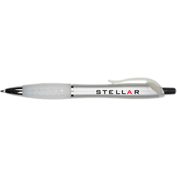 Plunger-action pen with curved pocket clip, dimpled black rubber grip section,... from ASI 57653 Gold Bond