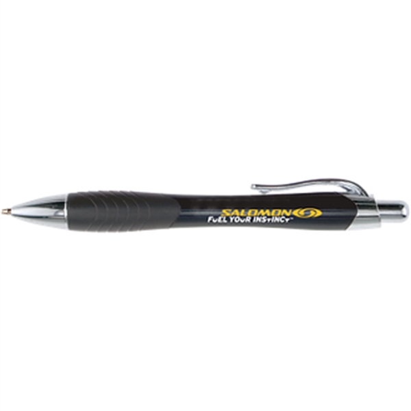 Click-action pen with matte metallic barrel, ribbed rubber grip, chrome accents... from ASI 57653 Gold Bond
