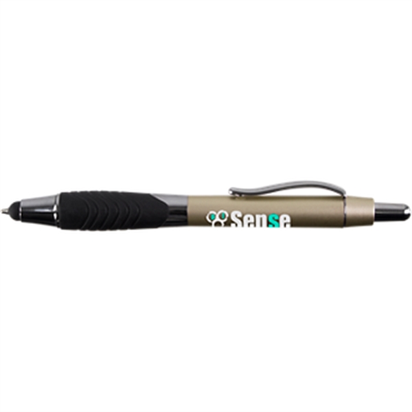 Plunger action ballpoint pen with rubber grip, stylus, metallic-tone barrel and... from ASI 57653 Gold Bond