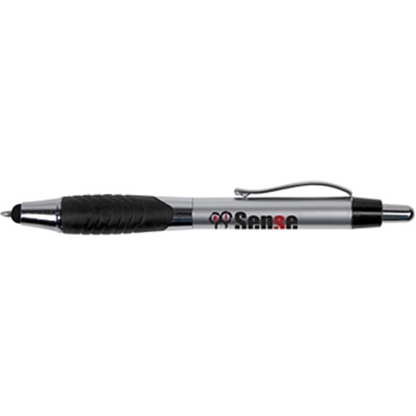 Plunger action ballpoint pen with rubber grip, stylus, metallic-tone barrel and... from ASI 57653 Gold Bond