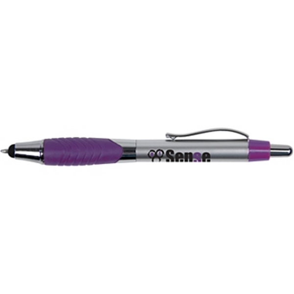 Plunger action ballpoint pen with rubber grip, stylus, metallic-tone barrel and... from ASI 57653 Gold Bond
