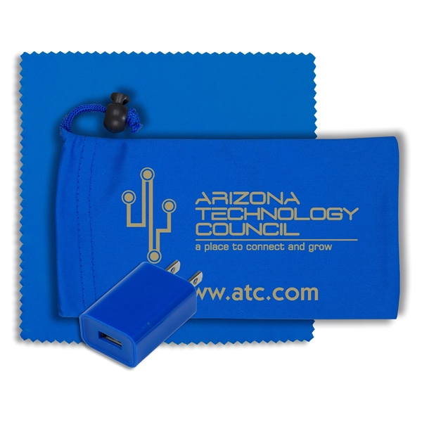 Microfiber cinch pouch filled with a UL Listed USB wall charger... from ASI 62660 Innovation Line