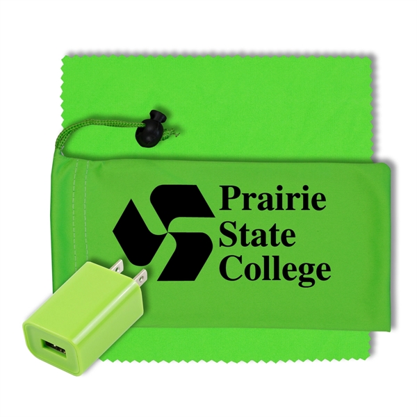 Microfiber cinch pouch filled with a UL Listed USB wall charger... from ASI 62660 Innovation Line