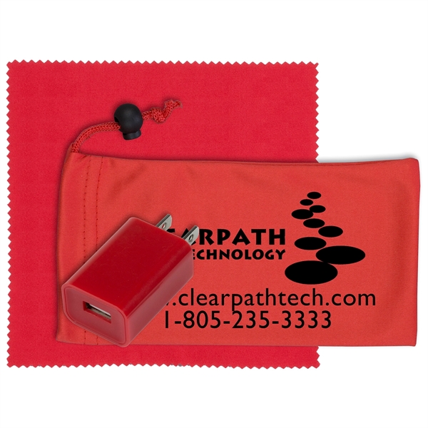 Microfiber cinch pouch filled with a UL Listed USB wall charger... from ASI 62660 Innovation Line