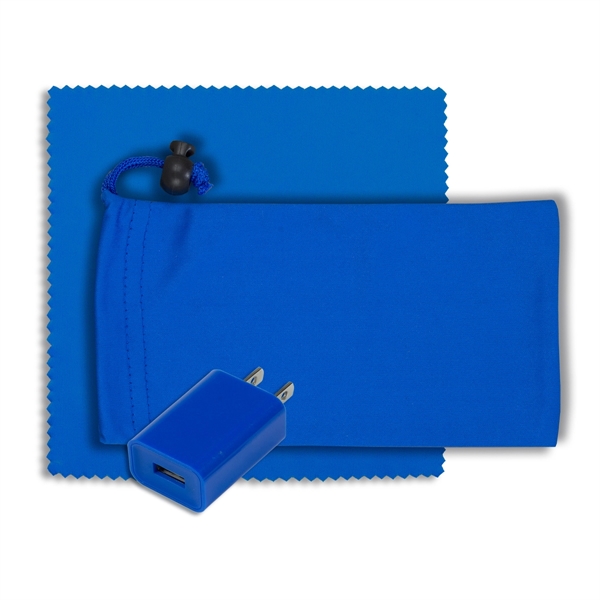 Microfiber cinch pouch filled with a UL Listed USB wall charger... from ASI 62660 Innovation Line