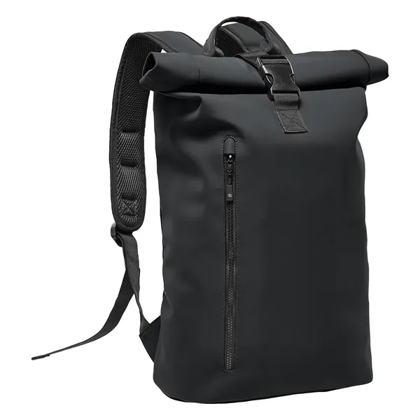 Backpack with a waterproof design, roll-top closure, adjustable straps, external zippered... from ASI 61125 Hit Promotional Products