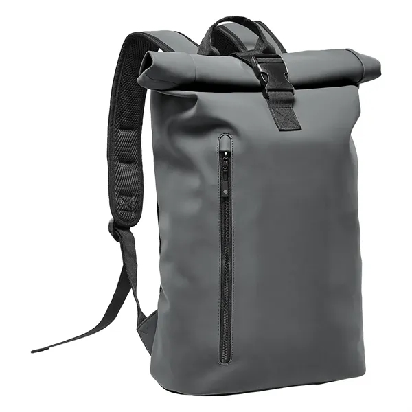 Backpack with a waterproof design, roll-top closure, adjustable straps, external zippered... from ASI 61125 Hit Promotional Products