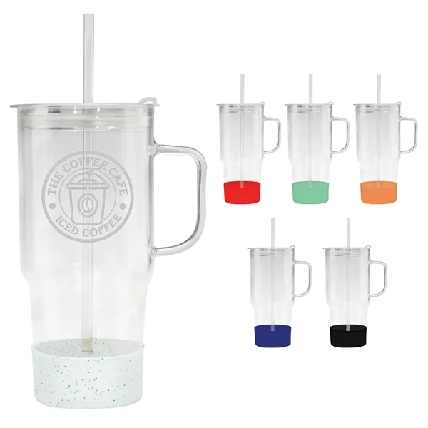 Item #B737E 40 oz. Etched Cafe America Glass Mug with Silicone Base