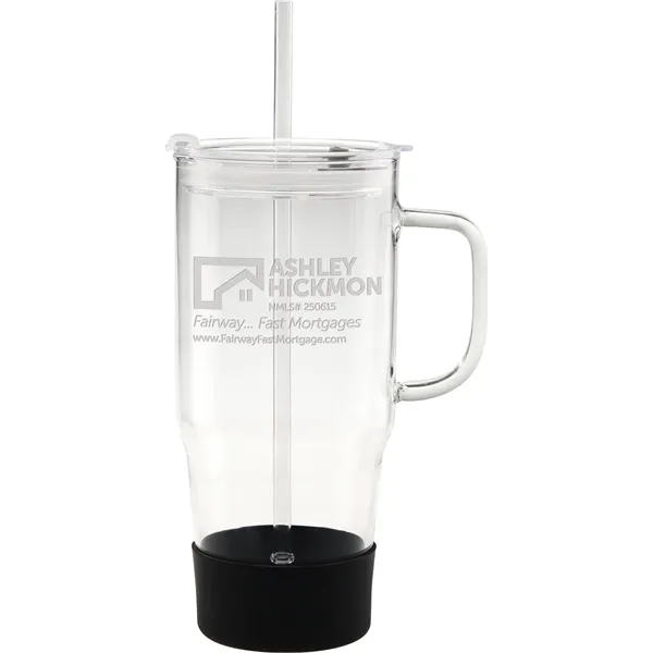 Item #B737E 40 oz. Etched Cafe America Glass Mug with Silicone Base