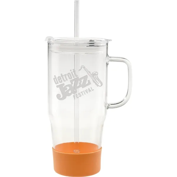 Item #B737E 40 oz. Etched Cafe America Glass Mug with Silicone Base
