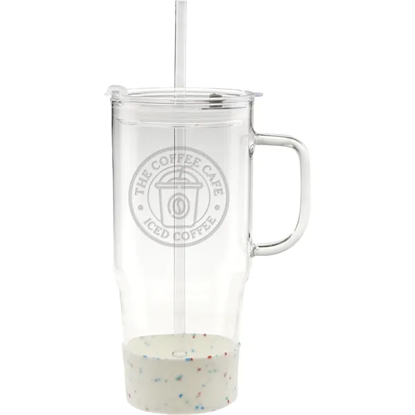 Item #B737E 40 oz. Etched Cafe America Glass Mug with Silicone Base