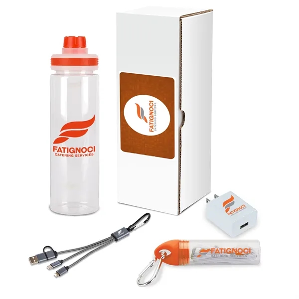 Four-piece tech gift set with earbuds with case and clip, 24-ounce... from ASI 67866 Logomark/Valumark