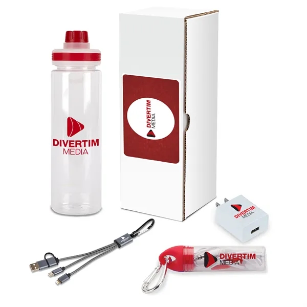 Four-piece tech gift set with earbuds with case and clip, 24-ounce... from ASI 67866 Logomark/Valumark